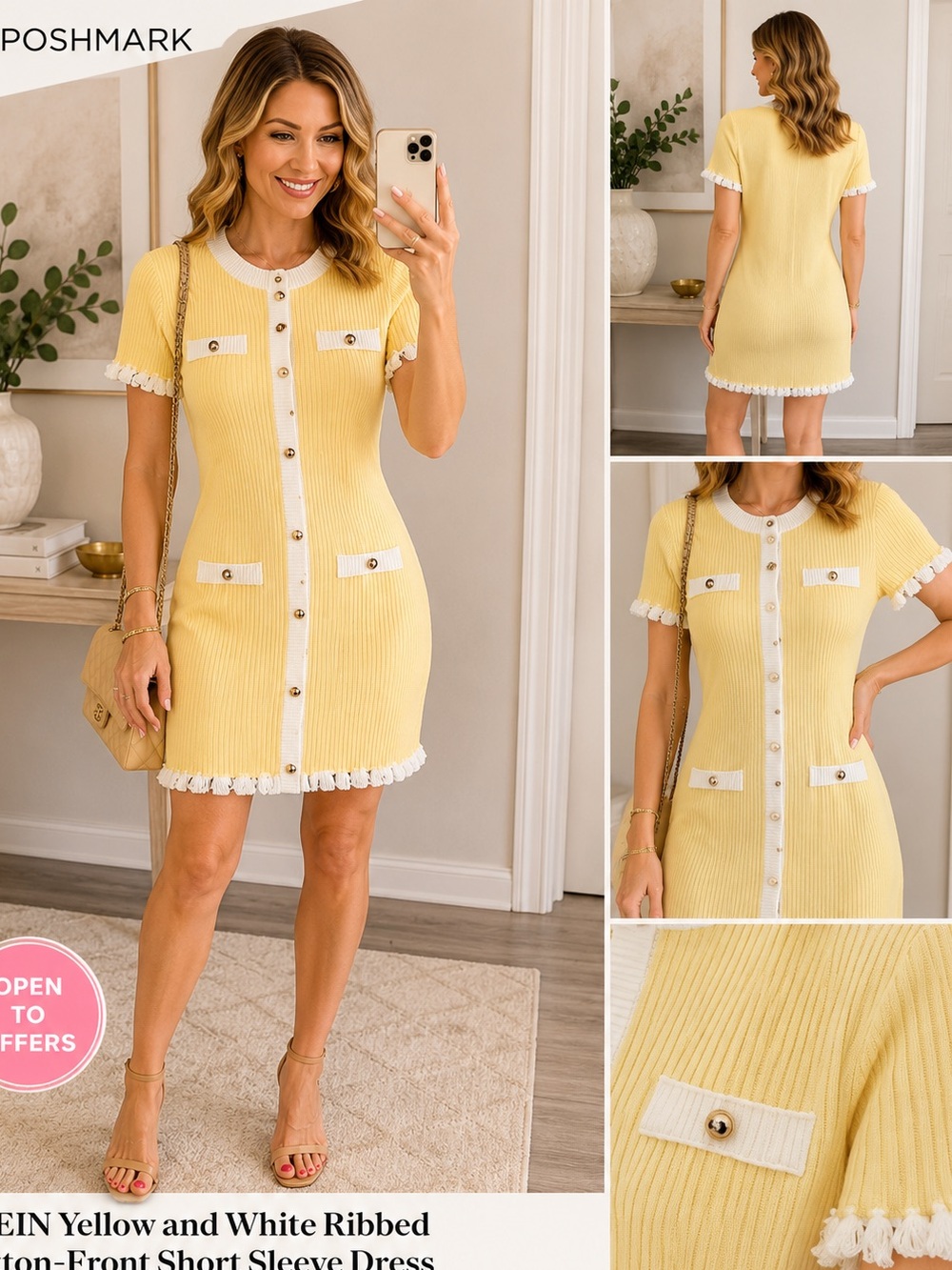 SHEIN Yellow and White Ribbed Button-Front Short Sleeve Dress
